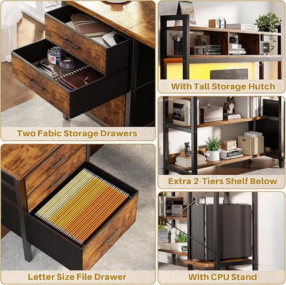 Aheaplus L Shaped Desk with Hutch, Gaming Desk with Led Lights, Reversible Computer Desk with Power Outlet, Corner Desk with File Drawer & Monitor Stand, Storage Shelves for Home, F1, Rustic Brown