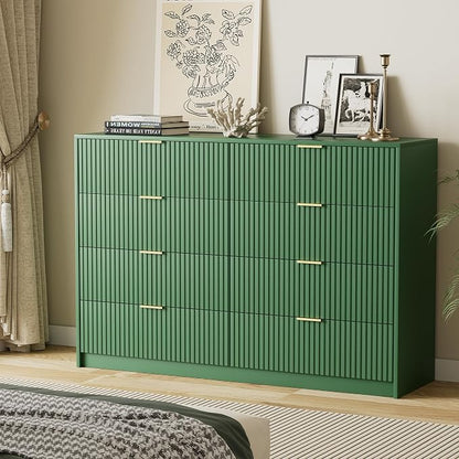 Furniway Green Dresser for Bedroom, Modern Dresser with 8 Drawers and Smooth Slides, Wide Chest of Drawers with Golden Handles for Bedroom, Closet, 15.7" D x 55" W x 37.4" H