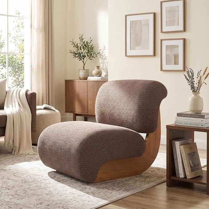 Merax 28" Modern Curved Boucle Accent Chair with Solid Wood Base, Mid-Century Armless Upholstered Slipper Lounge Chair for Living Room, Bedroom, Reading Nook, Natural + Brown