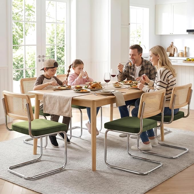 Zesthouse Natural Rattan Dining Chairs Set of 2, Olive Green Modern Kitchen Chairs with Solid Wood Back & Chrome Base, Mid Century Breuer Design Inspired, Upholstered Velvet Fabric