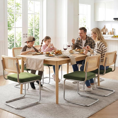 Zesthouse Natural Rattan Dining Chairs Set of 6, Olive Green Modern Kitchen Chairs with Solid Wood Back & Chrome Base, Mid Century Breuer Design Inspired, Upholstered Luxurious Velvet Fabric