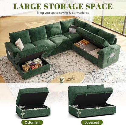 108 Inch Modular Sectional Sofa with Pull Out Bed,U Shaped 7 Seat Sectional Sleeper Sofa with Storage,Sectional Couches for Living Room,Cloud Modular Couch,Removable Sofa Cover,Green
