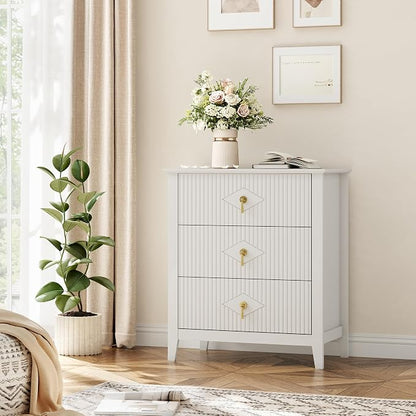 GarveeHome Wood Nightstand Fluted Dresser for Bedroom, 27.5" Wide 3-Drawer Bedside Tables, Modern Chest of Drawers, Storage End Table Living Room, Hallway, Entryway, White