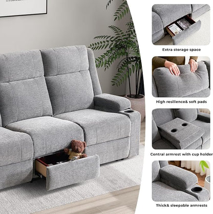 GUEAPY Large Manual Reclining Sofa – 3-Seater Chenille Reclining Couch with Cup Holders, Wide Seat, Easy Assembly & Spill-Resistant Fabric – Cozy Reclining Sofa for Living Room, Apartment, RV