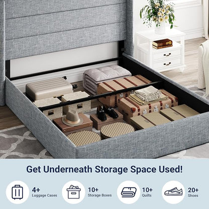 Allewie Full Size Lift Up Storage Bed, Modern Wingback Headboard, Hydraulic Support, No Box Spring Needed, Grey Blue