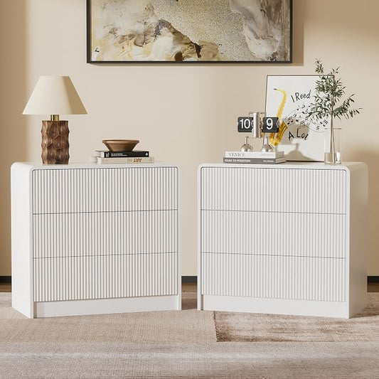 Furniway White Nightstands Set of 2, 32" Modern 3 Drawer Bedside Table with Storage, Large Night Stand for Bedroom