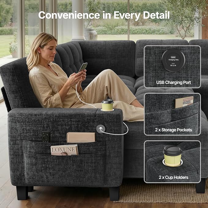 AMADA HOMEFURNISHING 110'' Modular Sectional Sleeper Sofa with Pull Out Couch, U Shaped 7 Seat Sectional Sofa with Storage, USB Ports & Cup Holders, Chenille Cloud Couches for Living Room, Dark Grey