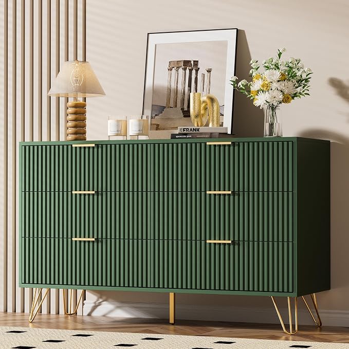 Furniway Green Dresser for Bedroom, Modern Dresser with Gold Metal Handles & Chests of Drawers for Bedroom, 15.7" D x 47.2" W x 29.5" H