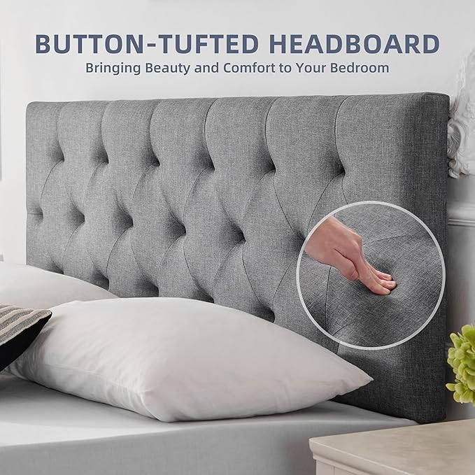 Linen Headboard Queen Size Only, Adjustable Height 37-51 in, Light Gray | Diamond Tufting Solid Wood Queen Headboards, Durable Metal Legs, Upholstered Queen Head Board for Bed Frame, Modern Fabric