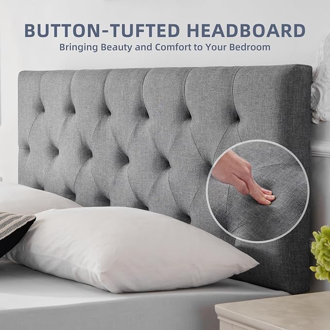 Linen Headboard Full Size, Adjustable Height Headboard 37-51 in, Light Gray | Diamond Tufting Solid Wood Full XL Headboards Only, Durable Metal Legs, Upholstered Full Head Board Bed Frame, Modern Fabric