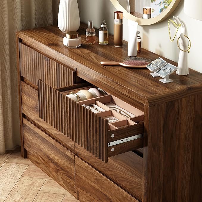 LYNSOM 6 Drawer Dresser for Bedroom, 50" Wide Fluted Dresser with Curved Corners, Wood Dressers & Chests of Drawers with Dual-Panel Design for Bedroom, Entryway, Walnut