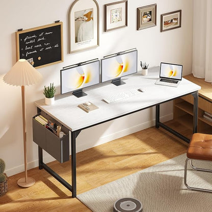 OLIXIS Computer Desk, 63 Inch Home Office Desks for Small Spaces, Writing Craft Study Gaming Table for Bedroom, Modern Computer Workstation with Storage Bag, White