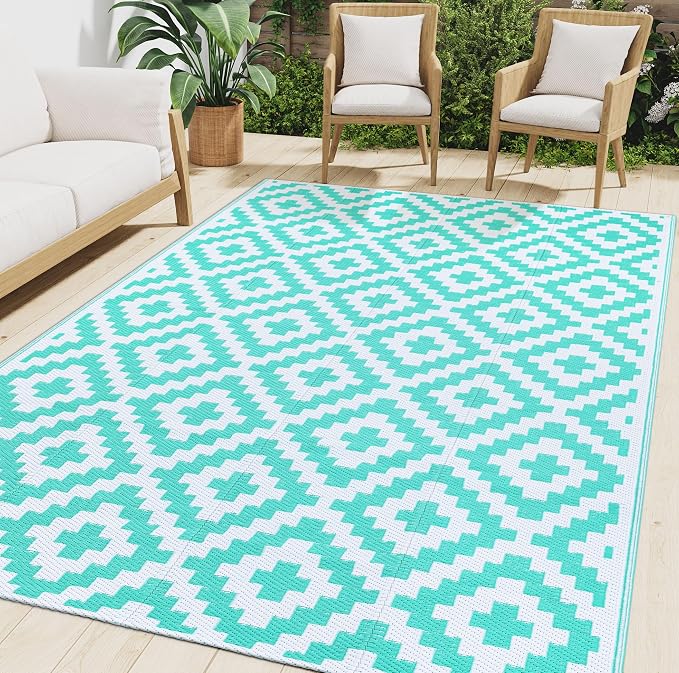 Smiry Waterproof Outdoor Rug 6x9 ft, Reversible Plastic Straw Patio Camping Rugs, Outdoor Indoor RV Mat Carpet for Patio, Outside Entry, Backyard, Deck, Bench, Picnic, Camper, White & Teal