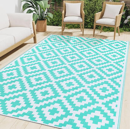 Smiry Waterproof Outdoor Rug 6x9 ft, Reversible Plastic Straw Patio Camping Rugs, Outdoor Indoor RV Mat Carpet for Patio, Outside Entry, Backyard, Deck, Bench, Picnic, Camper, White & Teal