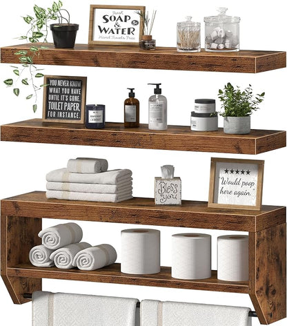 QEEIG Bathroom Floating Shelves for Wall - Shelf Over Toilet Paper Storage Farmhouse 32 inch Long Set of 3, Rustic Brown (028-80BN3)