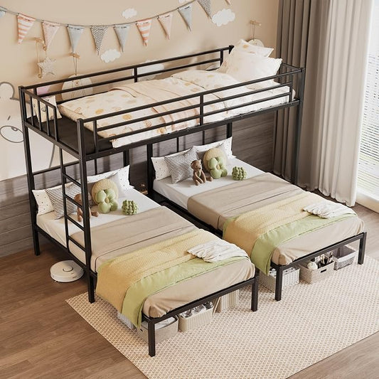 Metal Triple Bunk Bed, Twin Over Twin Over Twin, Black | Charging Station, Heavy Duty Frame, Guardrails and Ladder, Converts to Separate 3 Twin Beds, For Teens Bedrooms