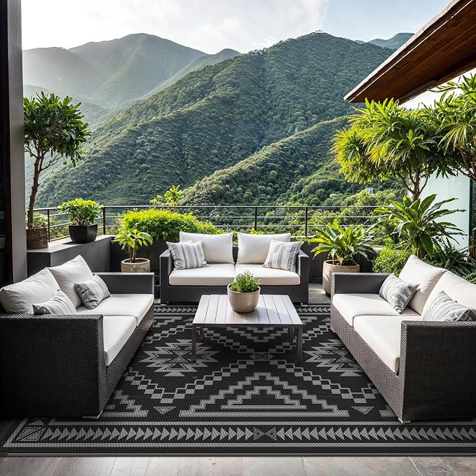 GENIMO Outdoor Rug for Patio Clearance - 8x10 ft Waterproof Plastic Camping Rugs, Reversible Outside Rv Mat Carpet for Porch, Deck, Picnic, Balcony, Beach, Backyard, Black Grey