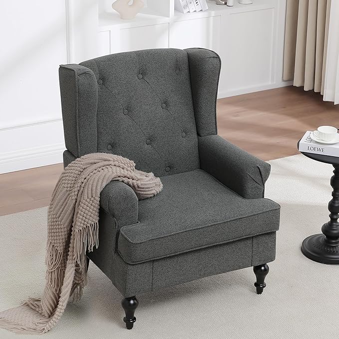 Accent Chair Set of 2, Mid Century Modern Fabric Wingback Chair, Upholstered Armchair with High Back and Vintage Legs, Comfy Single Sofa Side Reading Chair for Living Room Bedroom, Dark Grey