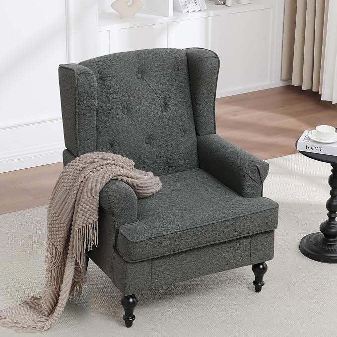 Accent Chair for Living Room, Mid Century Modern Upholstered Armchair, Wingback Chair with Tufted High Back and Solid Legs, Comfy Side Chairs Single Sofa for Bedroom, Dark Grey