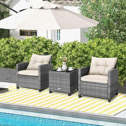 Tangkula 3 Pieces Patio Furniture Set, PE Rattan Wicker 3 Pcs Outdoor Sofa Set w/Washable Cushion and Tempered Glass Tabletop, Conversation Furniture for Garden Poolside Balcony (Mix Grey-White)