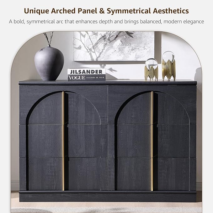 ACCOHOHO Arched Dresser for Bedroom with 6 Drawers, 47.3" Wide Modern Chest of Drawers with Rounded Edge & Metal Handles, Wood Storage Closet Dressers TV Stand for Living Room, Hallway, Black