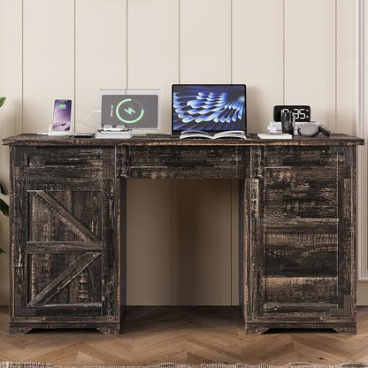 LUMISOL 55” Farmhouse Executive Desk with Charging Station and Power Outlet, Computer Desk with 5 Drawers and Cabinet, Rustic Wood Writing Study Table with File Drawer, Rustic Grey
