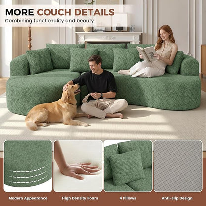Luxanimarion 124" Curved Modular Sectional Sofa Oversized, L-Shape Boneless Couches for Living Room with Deep Seat and 7 Pillows, High-Density Memory Foam, Green Chenille Fabric, No Assembly Required