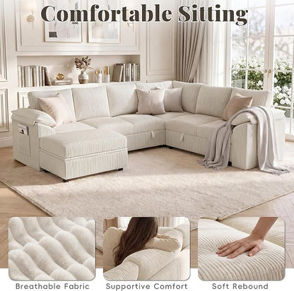 108 Inch Sectional Sleeper Sofa Bed with Pull Out Couch, U Shaped 7 Seat Cloud Modular Sectional Sofa with Storage, Corduroy Sectional Couches for Living Room, Removable Sofa Cover, Beige