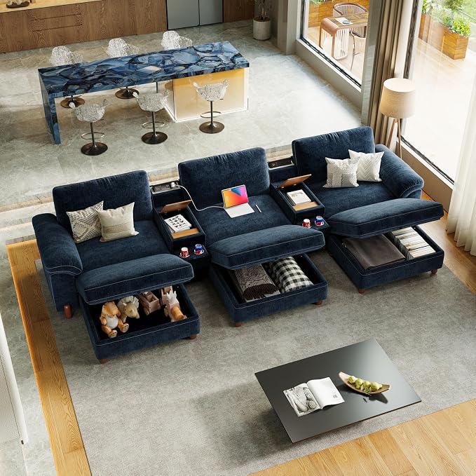 SITJOY Large Cloud Couch, 146" Wide 3 Seater Bed with Console, Navy Blue | Detachable and Washable Chenille Cover Sectional Sofas for Living Room, Deep Seat Wide Couch with Chaise, Storage Ottoman