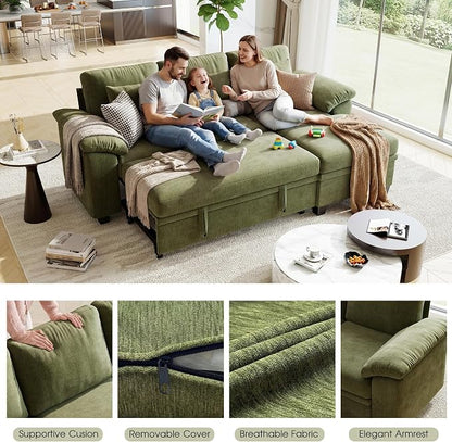 86" Modular Sectional Sleeper Sofa Bed, L Shaped 4 Seat Pull Out Couch with Storage Ottoman, Convertible Cloud Couch Bed, Sectional Couches for Living Room, Apartment (Green)