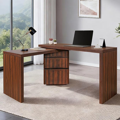 90” Modern L-Shaped Desk with 3 Drawers, 360° Wood Rotating Desk, Workstation for Home Office, Living Room, Walnut