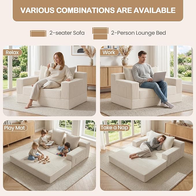 Boneless Loveseat Small Couch Bed, Futon Sleeper Sofa Bed,Convertible Pull Out Couch with 2 Pillows,Corduroy Folding Floor Couch for Living Room,No Assembly Required,Beige