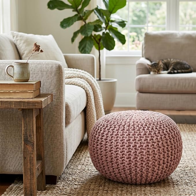 BIRDROCK HOME Round Pouf Ottoman Foot Rest - 18.5”x18.5”x15” Boho Compact Comfortable Soft Cotton Braided Foot Stool with Bean Bag Filling for Living Room, Bedroom, or Nursery (Dusty Rose)
