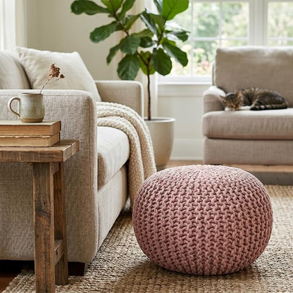BIRDROCK HOME Round Pouf Ottoman Foot Rest - 18.5”x18.5”x15” Boho Compact Comfortable Soft Cotton Braided Foot Stool with Bean Bag Filling for Living Room, Bedroom, or Nursery (Dusty Rose)