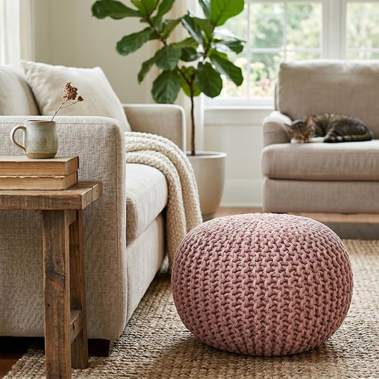 BIRDROCK HOME Round Pouf Ottoman Foot Rest - 18.5”x18.5”x15” Boho Compact Comfortable Soft Cotton Braided Foot Stool with Bean Bag Filling for Living Room, Bedroom, or Nursery (Dusty Rose)