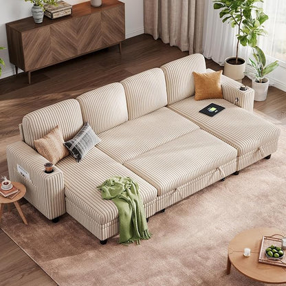 LINSY HOME Pull Out Sofa Bed Sectional Sleeper Sofa with Storage, Plush Corduroy Pullout Modular Sectional Couches for Living Room, U Shaped Convertible Couch Bed for Apartment (Beige)