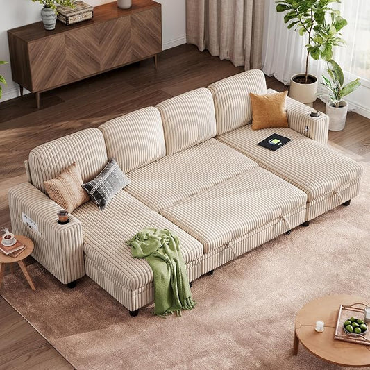 LINSY HOME Pull Out Sofa Bed Sectional Sleeper Sofa with Storage, Plush Corduroy Pullout Modular Sectional Couches for Living Room, U Shaped Convertible Couch Bed for Apartment (Beige)
