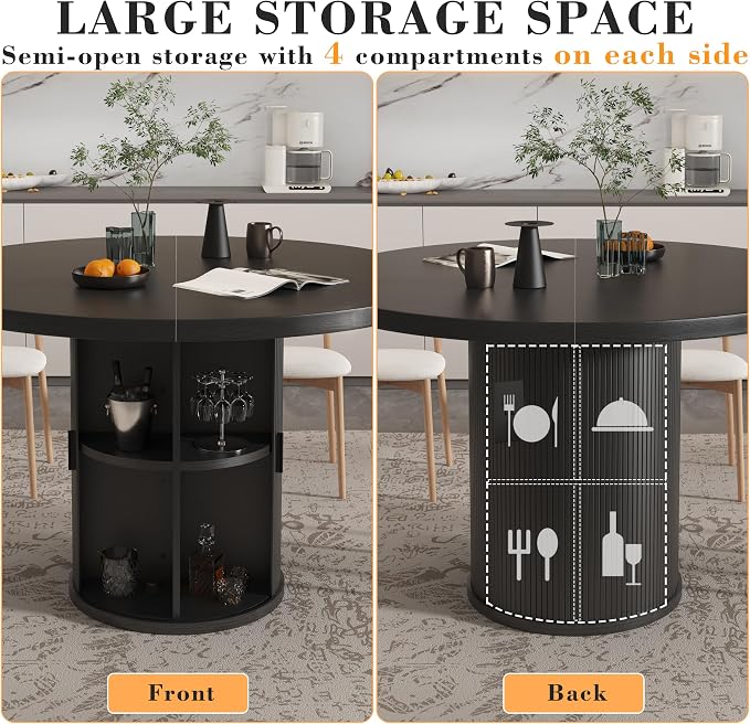 35.5'' Round Pedestal Dining Table, 2-4 Modern Fluted Dining Room Kitchen Table with Storage Shelf, Wood Base Dinner Tables for Kitchen, Breakfast Nook, Small Space, Living Room(Black)
