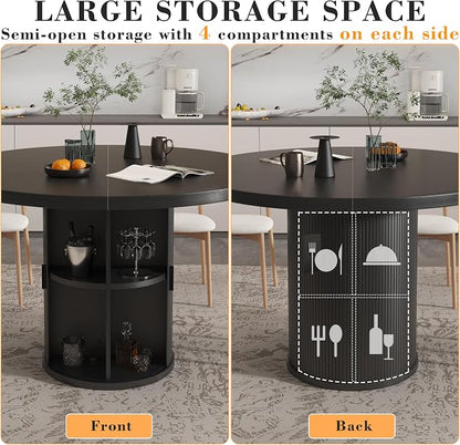 35.5'' Round Pedestal Dining Table, 2-4 Modern Fluted Dining Room Kitchen Table with Storage Shelf, Wood Base Dinner Tables for Kitchen, Breakfast Nook, Small Space, Living Room(Black)