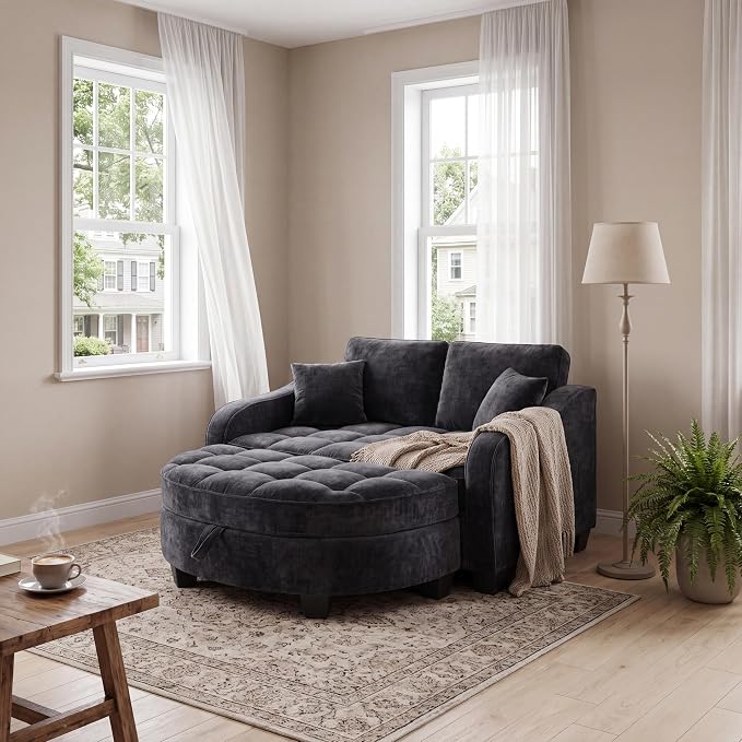 ERYE Chenille Tufted Loveseat Sofa and Ottoman Set, Tufted Recliner Sleeper Chaise Lounge with Curved Storage Ottoman,Reclining Backrest and Side Pockets, 4 Pillows