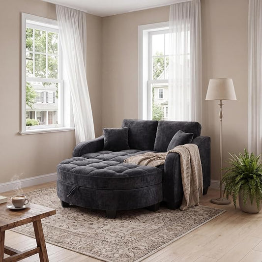 ERYE Chenille Tufted Loveseat Sofa and Ottoman Set, Tufted Recliner Sleeper Chaise Lounge with Curved Storage Ottoman,Reclining Backrest and Side Pockets, 4 Pillows