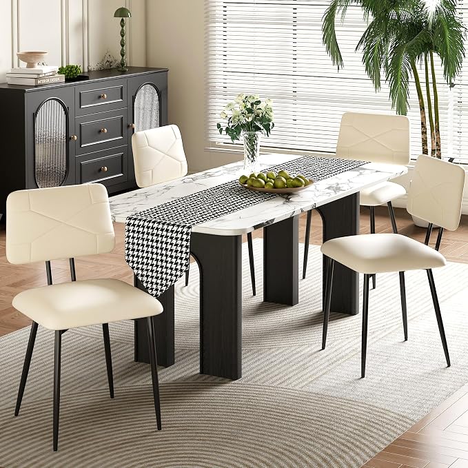 VECELO Dining Chairs Set of 4, Modern Upholstered Kitchen Chairs with Faux Leather Cushion Seat & Metal Legs for Kitchen, Living Room, Tufted Backrest Design, Beige