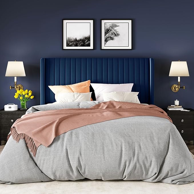 Allewie Queen Size Velvet Bed Frame/Vertical Channel Tufted Wingback Headboard/Upholstered Platform Bed/Strong Wooden Slats/No Box Spring Needed/Easy Assembly/Dark Blue