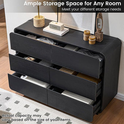 Standifurno Curved Dresser with 6 Drawers, 47" Wide Chest of Drawers with Clothes Storage Organizer, Wood Dresser Closet for Living Room, Hallway (Black)