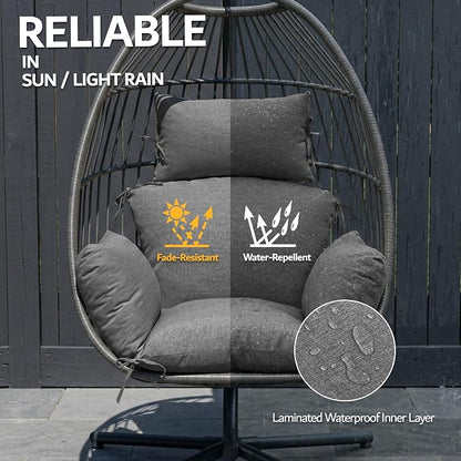 Egg Chair Cushion with 8 Securing Straps, Water-Repellent & Fade-Resistant Faux Linen, Removable Cover, Replacement Cushion for Most Single Outdoor Hanging Swing Egg Chairs – Dark Grey