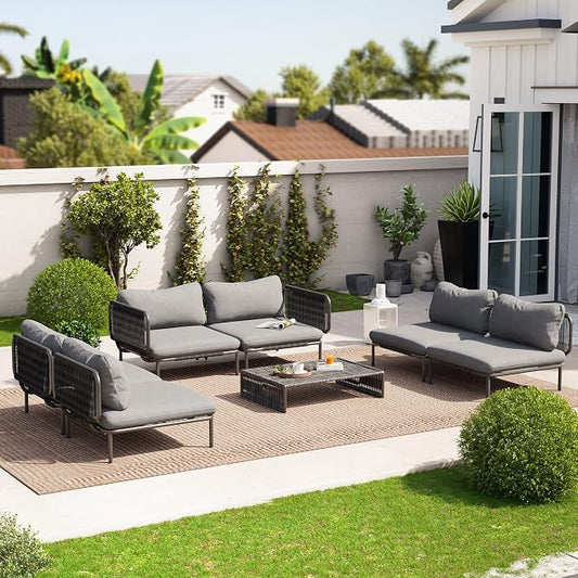 Crestlive Products Outdoor Patio Furniture Set, 6 Seater Modular Oversized Patio Conversation Set with Cushions, Modern Metal Sectional Outdoor Couch for Backyard, Deck, Porch, or Poolside, Dark Grey