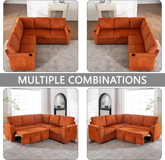 Sectional Sleeper Sofa with Pull Out Bed, Plush Corduroy L Shaped Corner Couch with Storage, USB Ports, Cup Holders, Comfy Sectional Couches for Living Room, Orange