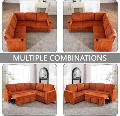 Sectional Sleeper Sofa with Pull Out Bed, Plush Corduroy L Shaped Corner Couch with Storage, USB Ports, Cup Holders, Comfy Sectional Couches for Living Room, Orange