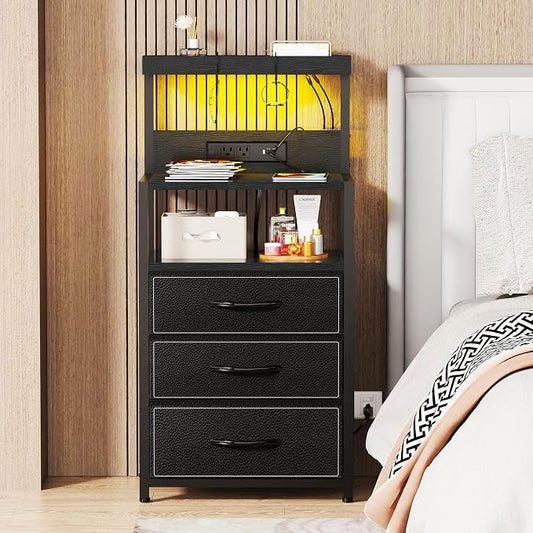 SZLHANJZ Night Stand Set 2 with LED Lights, Bedroom Nightstands with Power Outlet and Type C Port, Bed End Tables with 3 Fabric Drawers, Matching Bedside Tables with Hooks and Shelves, Black