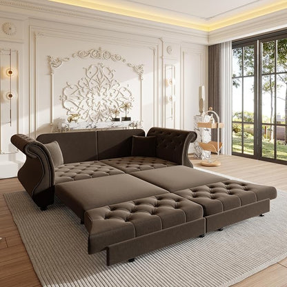 83.8" Oversized Pull Out Sofa Bed, Chesterfield Velvet Sleeper Sofa Couch with Roll Arm & Flower Tufting, Heavy Duty Metal Frame Convertible Sofa for Living Room, Apartment, Guest Room, Brown